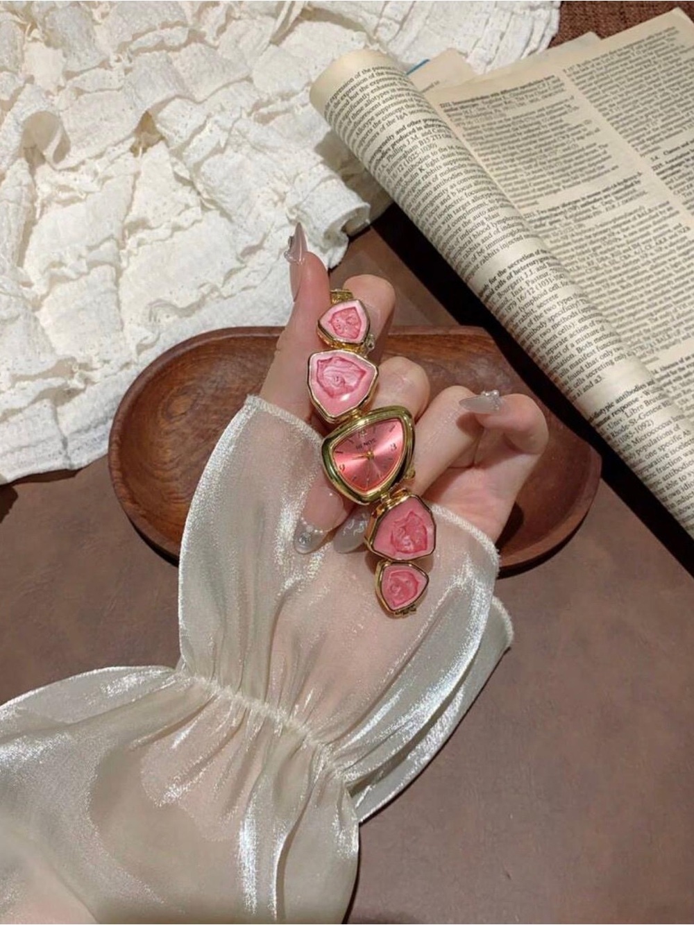 Gold Bracelet Watch with Pink Heart Accents - Picture 2 of 5